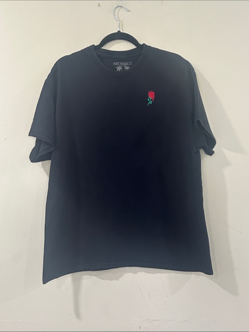 riot society Black Tee with Red Rose Embroidery